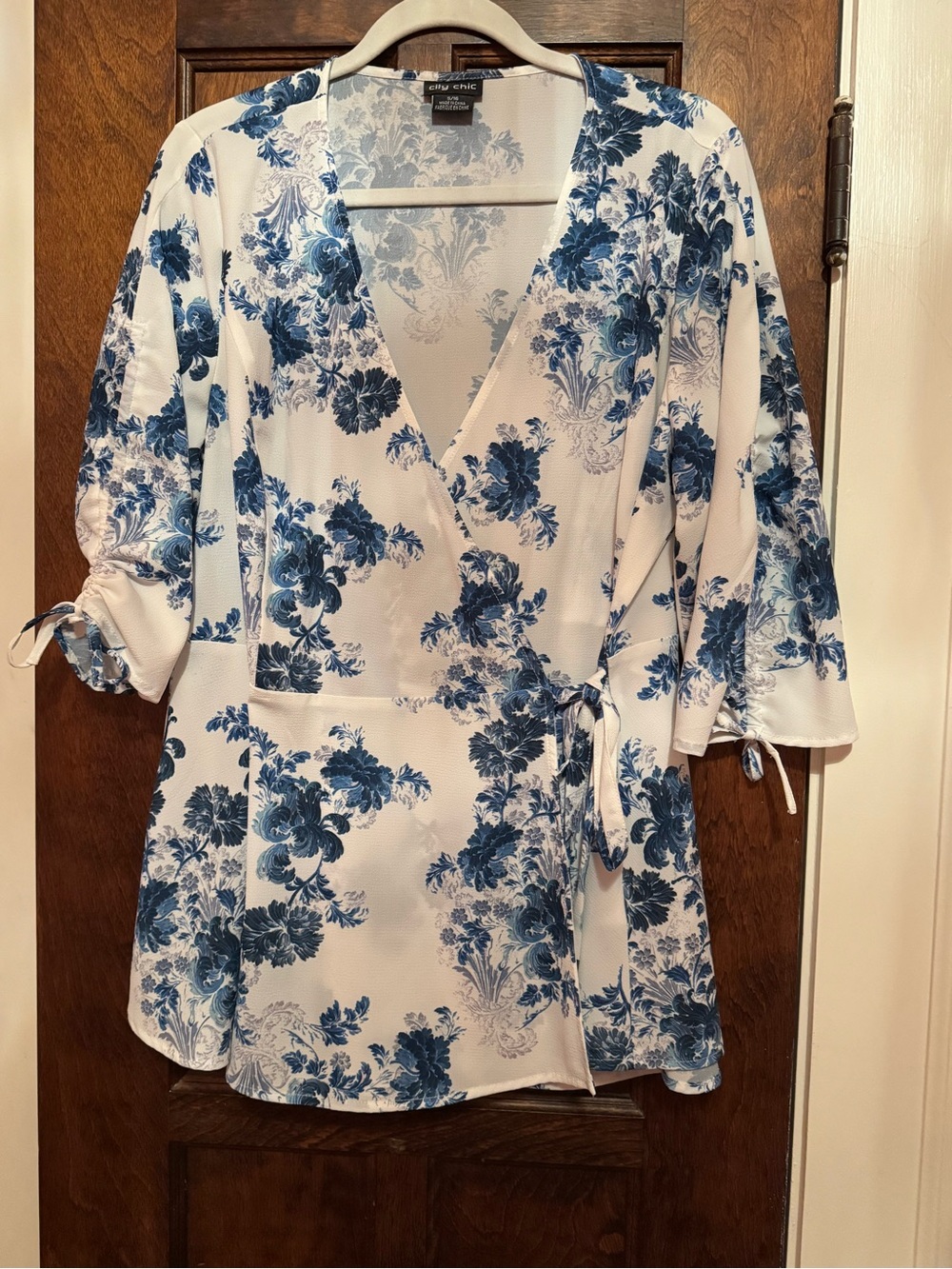City Chic Blue Floral Wrap Top - White & Blue